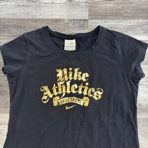 Vintage Y2K Nike Athletics Spellout Black Gold Womens‎ L Center Mini Swoosh Tee